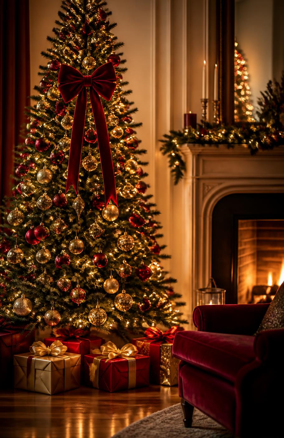 Salon chaleureux décoré pour Noël avec un sapin illuminé